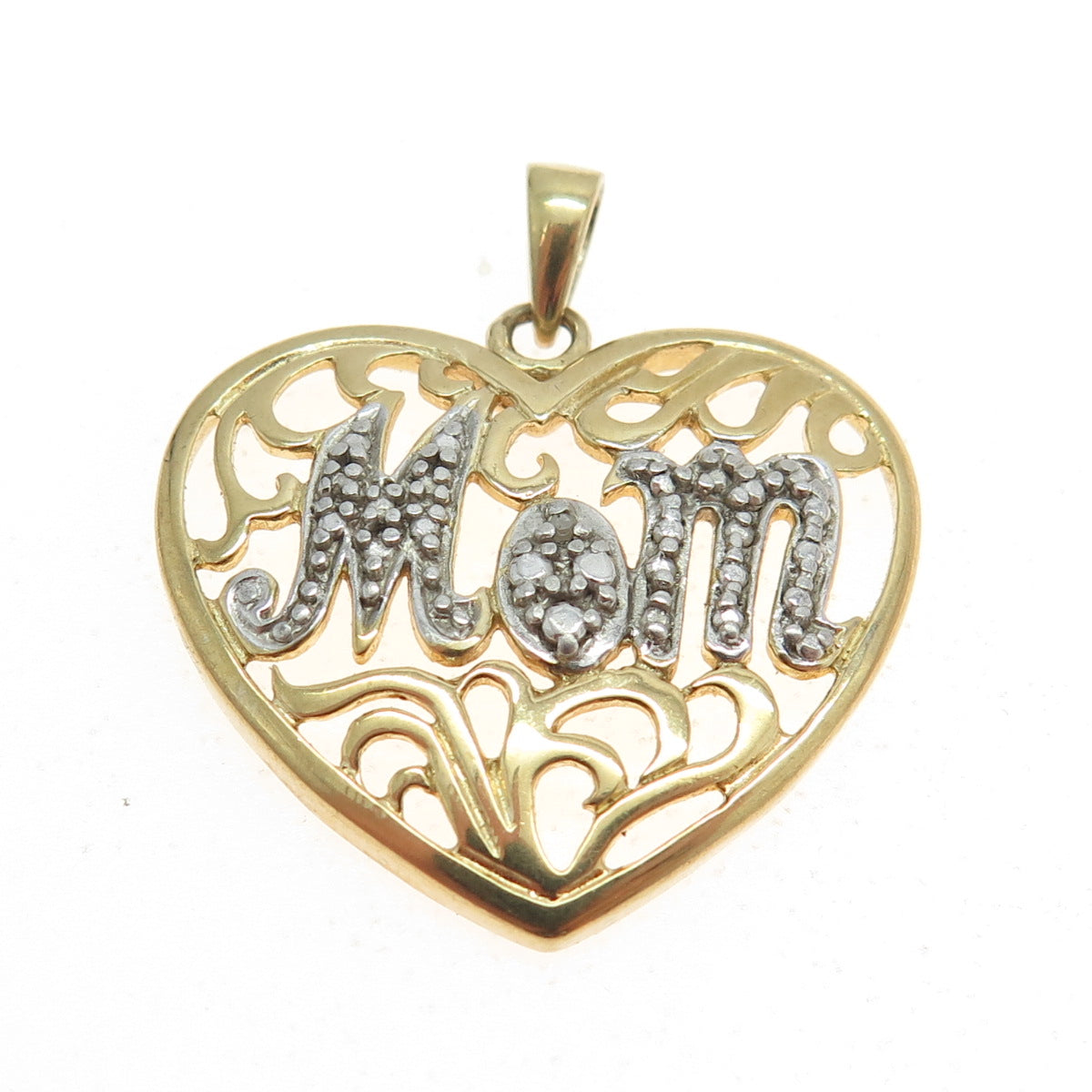 925 Sterling Silver 2-Tone Real White Diamond Accent "Mom" Heart Ornate Pendant