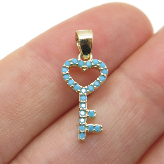 14K Yellow Gold Real Turquoise Heart Key Minimalist Charm Pendant