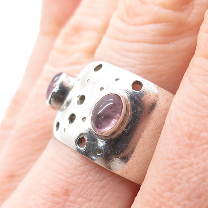 925 Sterling Silver Vintage Real Amethyst Modernist Wide Band Ring Size 8.5