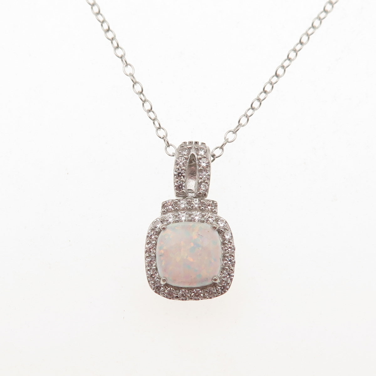 Sun 925 Sterling Silver Real Opal & C Z Cable Chain Necklace 18"