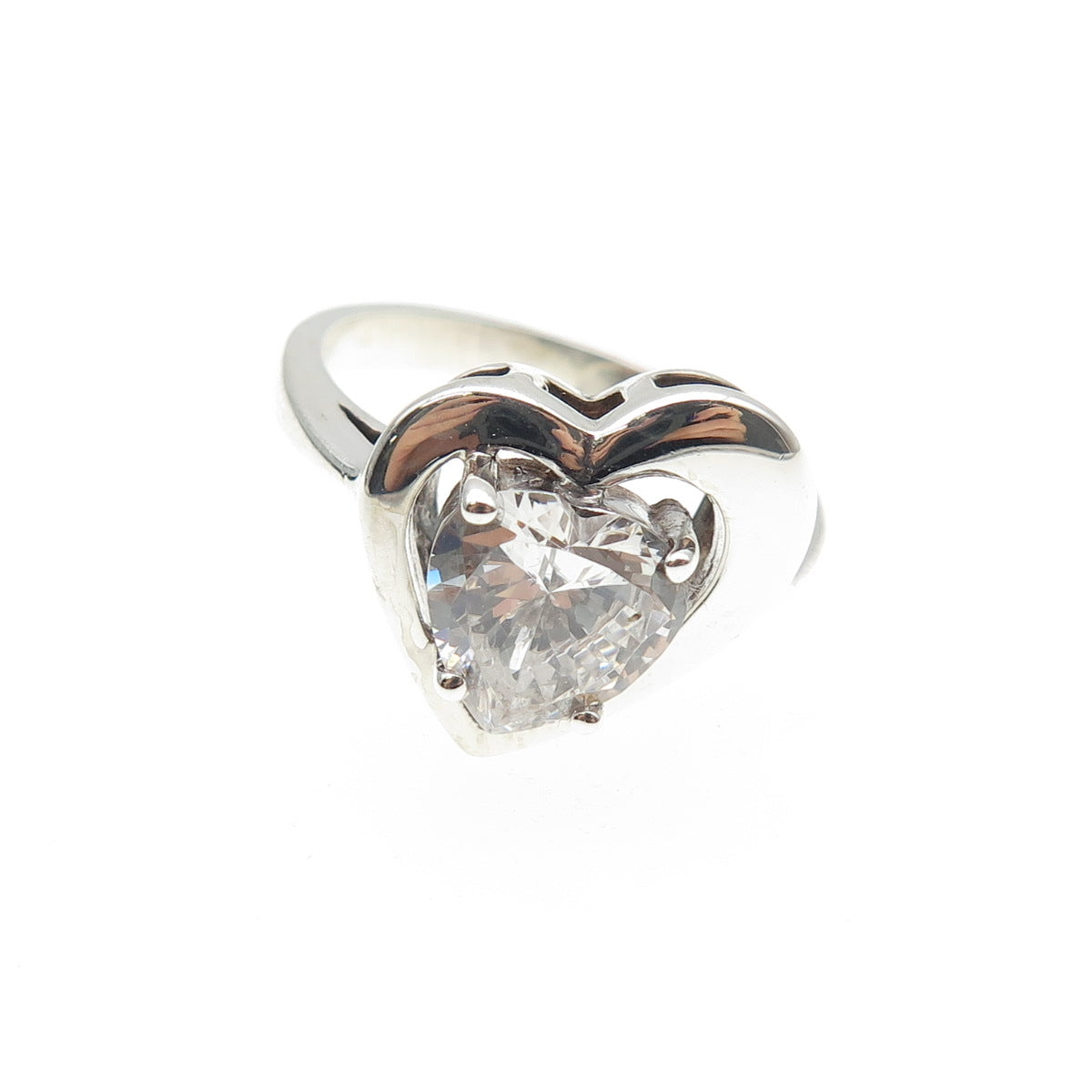 925 Sterling Silver Vintage C Z Modernist Heart Ring Size 7.25