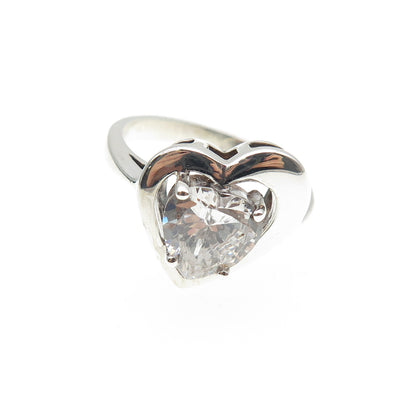 925 Sterling Silver Vintage C Z Modernist Heart Ring Size 7.25