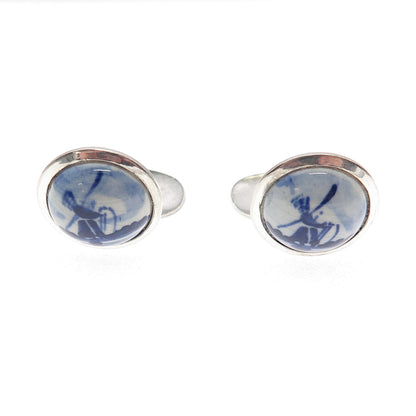 Delft GBS 835 Silver Vintage Dutch Ceramic Windmill Cufflinks