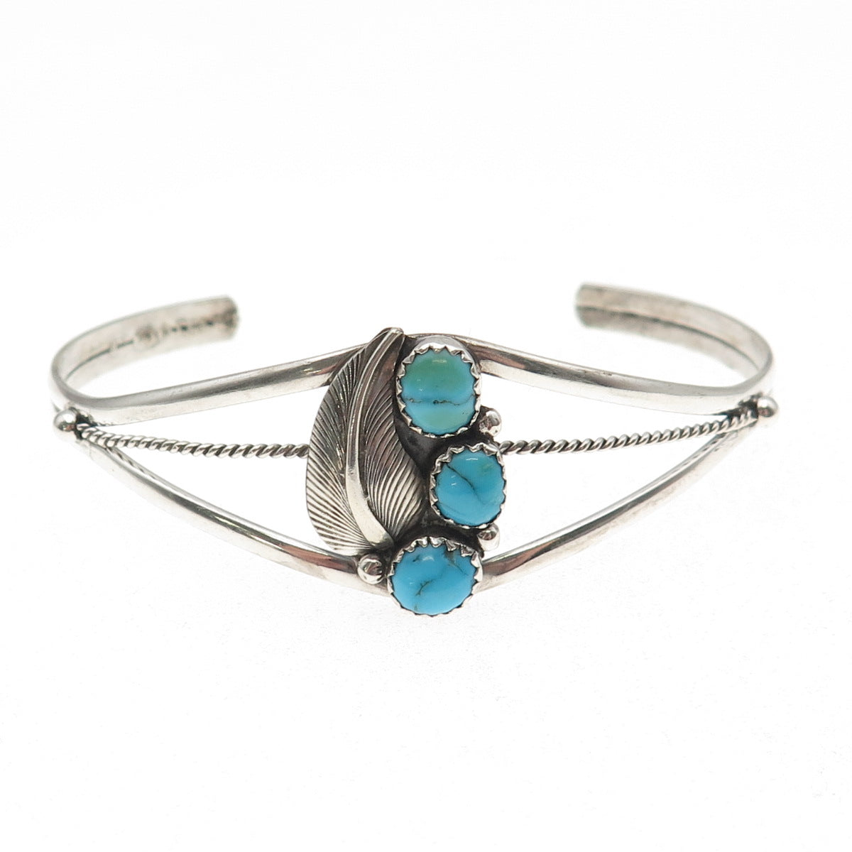 Old Pawn 925 Sterling Silver Vintage Turquoise Feather Adjustable Bracelet 7"