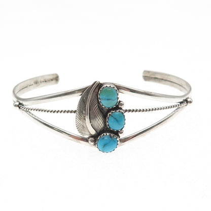 Old Pawn 925 Sterling Silver Vintage Turquoise Feather Adjustable Bracelet 7"