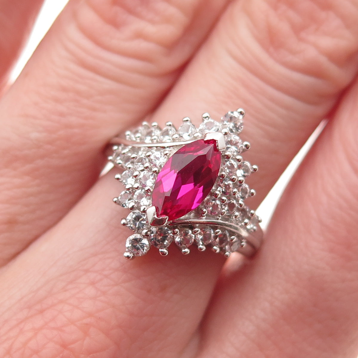 JH Young 925 Sterling Silver Lab-Created Ruby Real White Topaz Ring Size 7