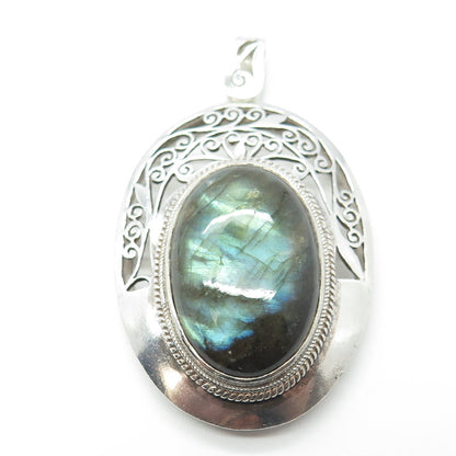 925 Sterling Silver Vintage Real Labradorite Gemstone Ornate Pendant