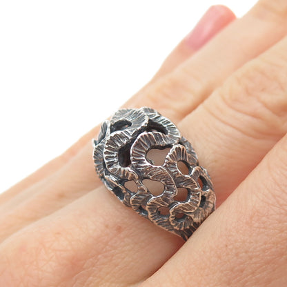 925 Sterling Silver Vintage Mexico Modernist Wavy Dome Oxidized Ring Size 7.75