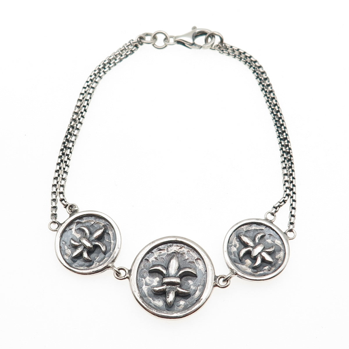 925 Sterling Silver Vintage Fleur de Lis Round Box Double Link Bracelet 7"