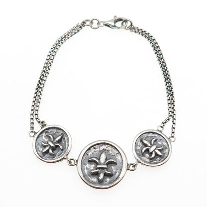 925 Sterling Silver Vintage Fleur de Lis Round Box Double Link Bracelet 7"