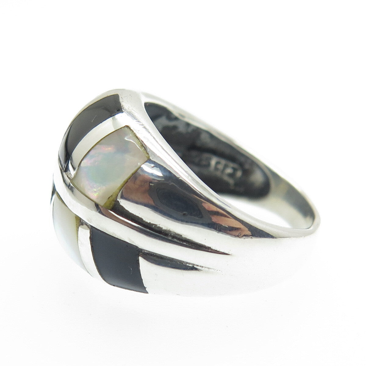 CFJ Collins Fine Jewelry Sterling Silver Vintage Black Onyx & MOP Ring Size 6.25