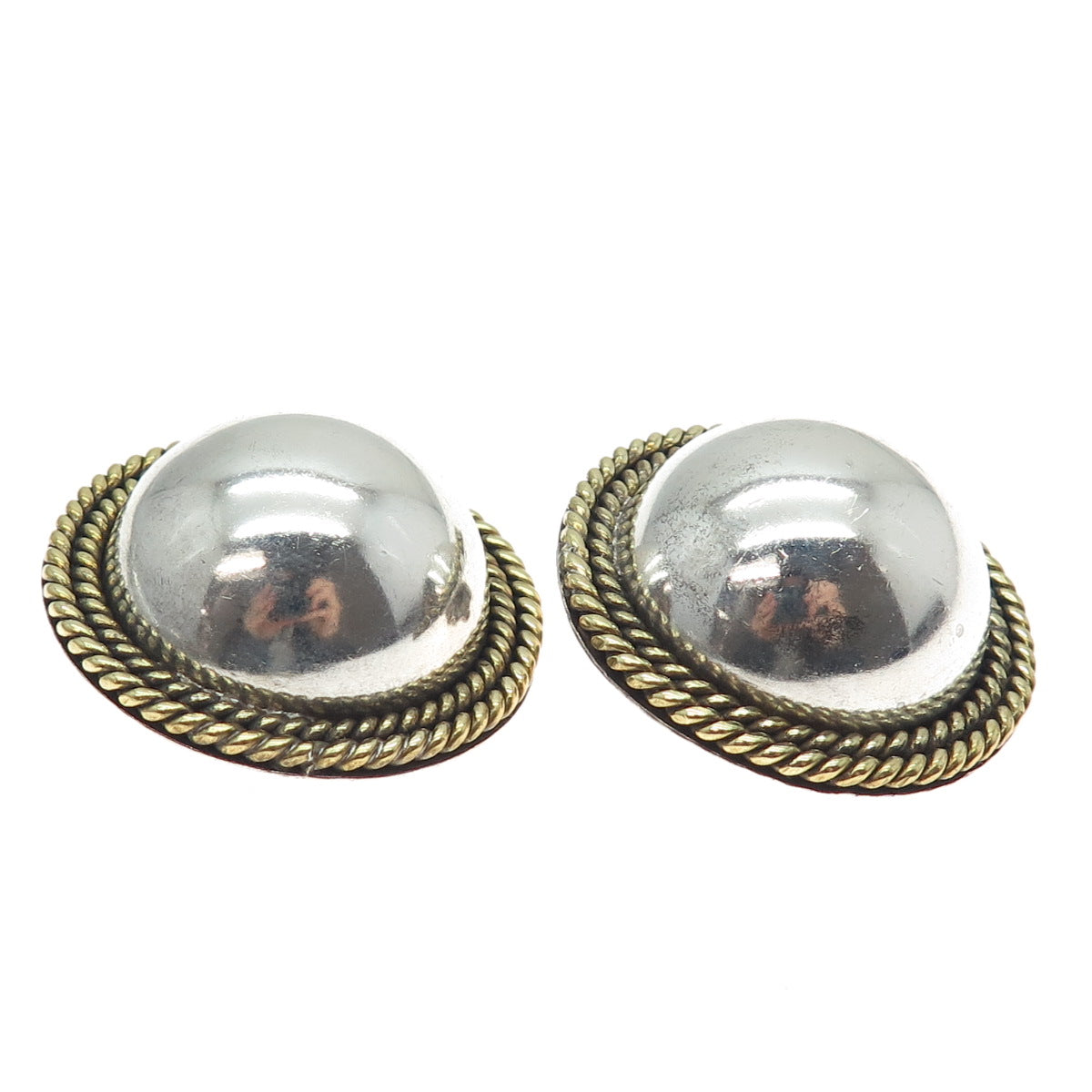 925 Sterling Silver 2-Tone Vintage Mexico Modernist Dome Clip On Earrings