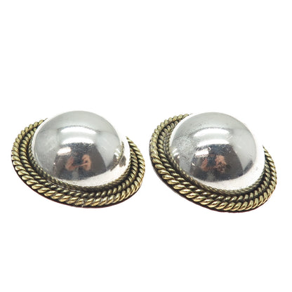 925 Sterling Silver 2-Tone Vintage Mexico Modernist Dome Clip On Earrings
