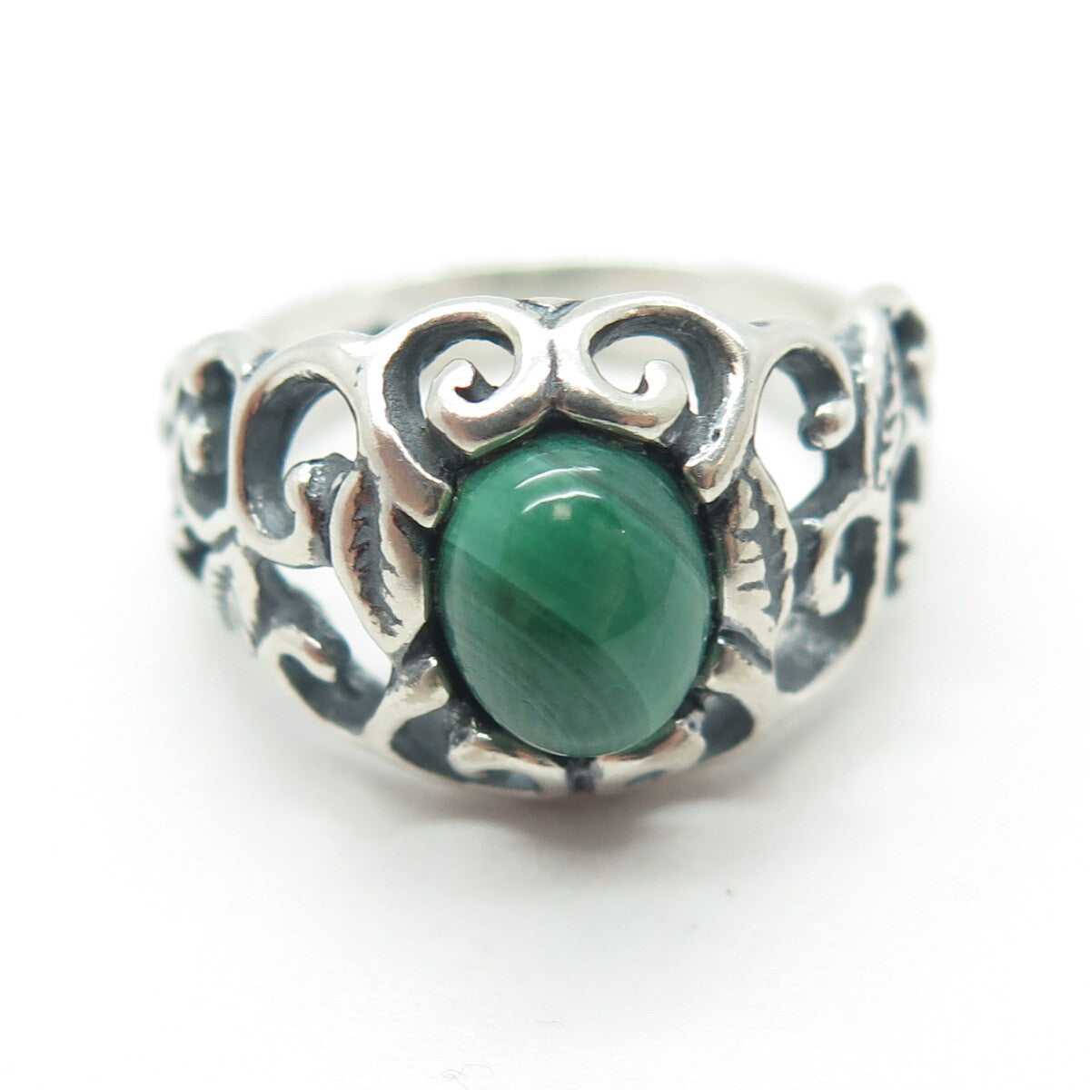 SHUBE 925 Sterling Silver Vintage Real Malachite Gem Leaf Swirl Ring Size 6.25