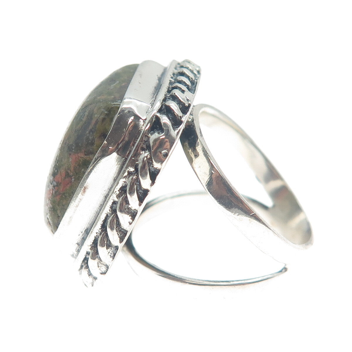 925 Sterling Silver Vintage Real Cushion-Cut Unakite Roped Ring Size 7.75