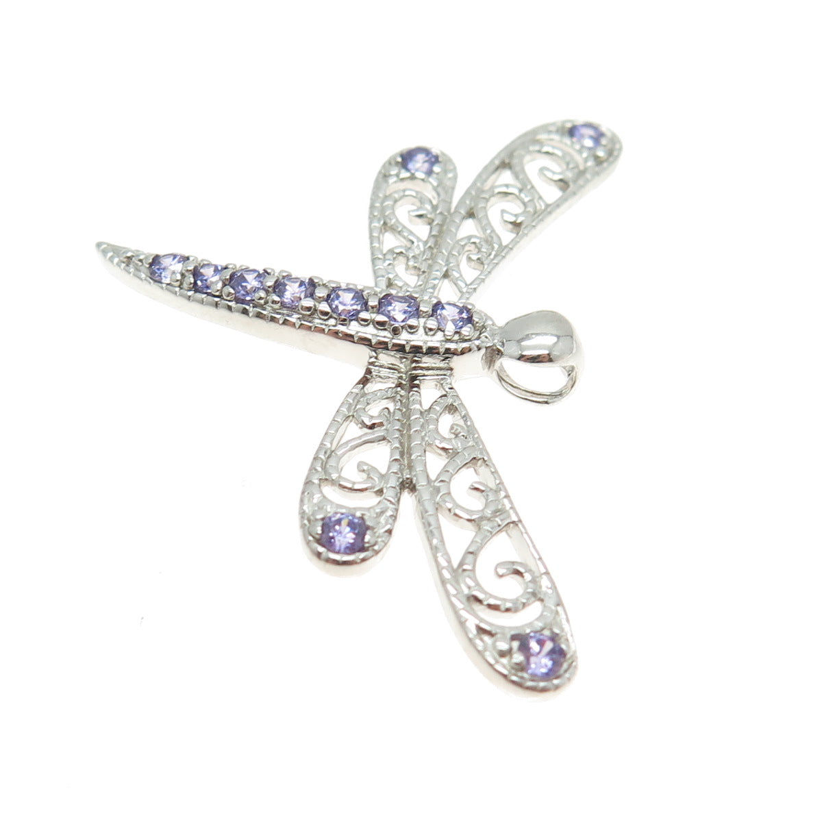 925 Sterling Silver Real Round-Cut Amethyst Dragonfly Slide Pendant