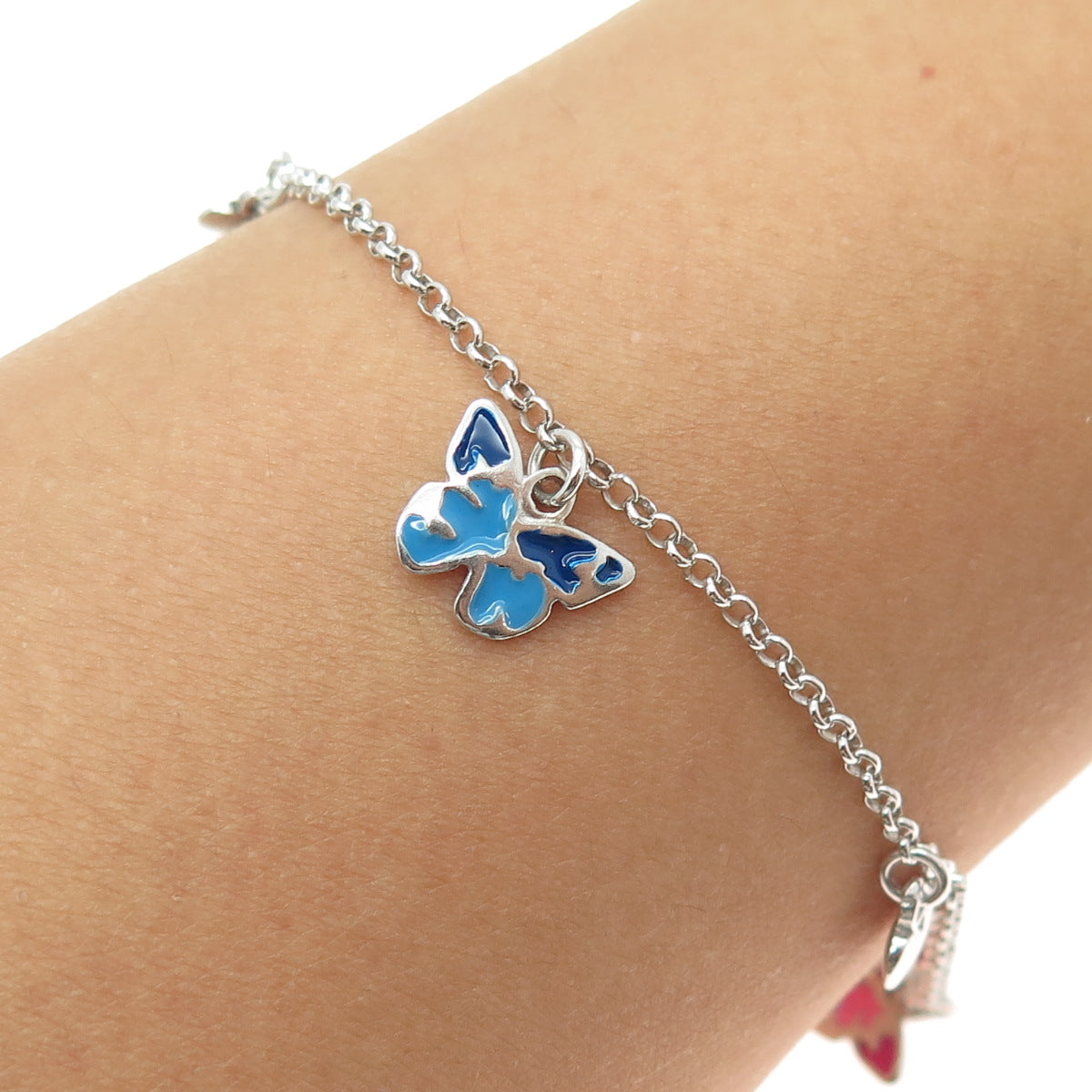 925 Sterling Silver Enamel Butterfly & Heart Charm Rolo Link Bracelet 7"