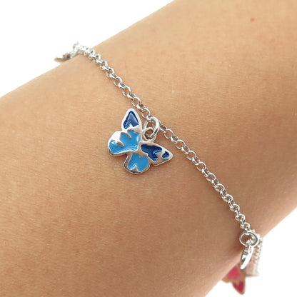 925 Sterling Silver Enamel Butterfly & Heart Charm Rolo Link Bracelet 7"