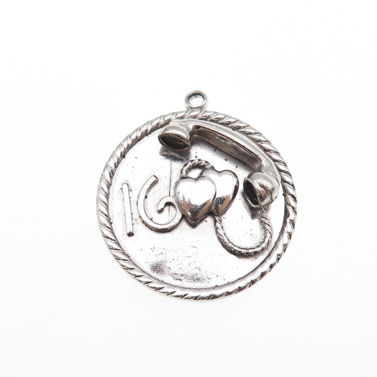 925 Sterling Silver Vintage Sweet 16 Couple Heart Retro Phone Charm Pendant