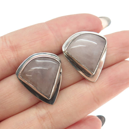MATHEWS 925 Sterling Silver Vintage Real Rose Quartz Modernist Earrings