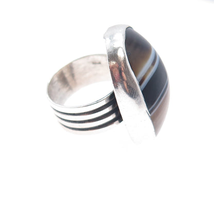 925 Sterling Silver Vintage Real Cabochon Agate Modernist Ring Size 5.75