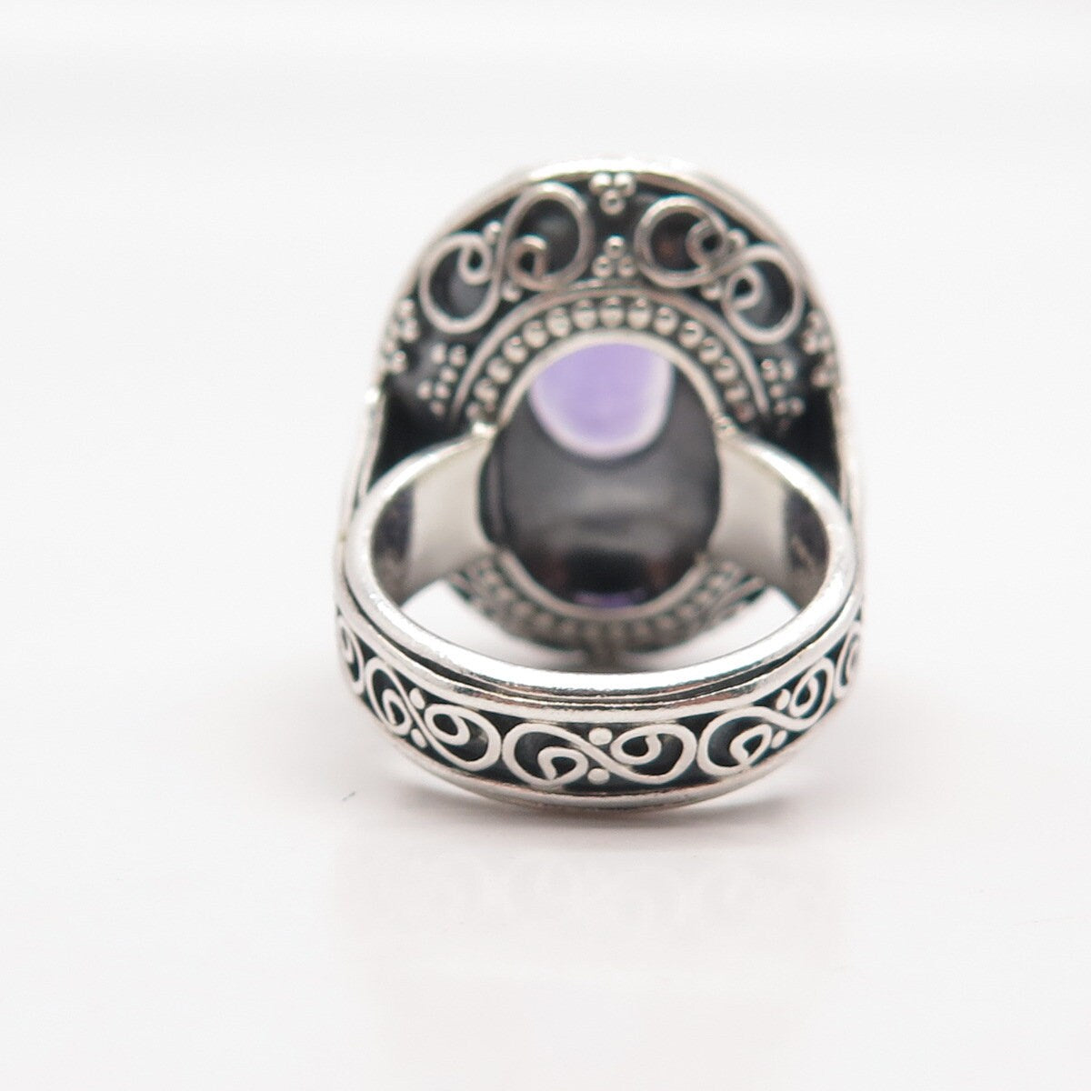 925 Sterling Silver Vintage Real Amethyst Gemstone Ethnic Wide Ring Size 6.5