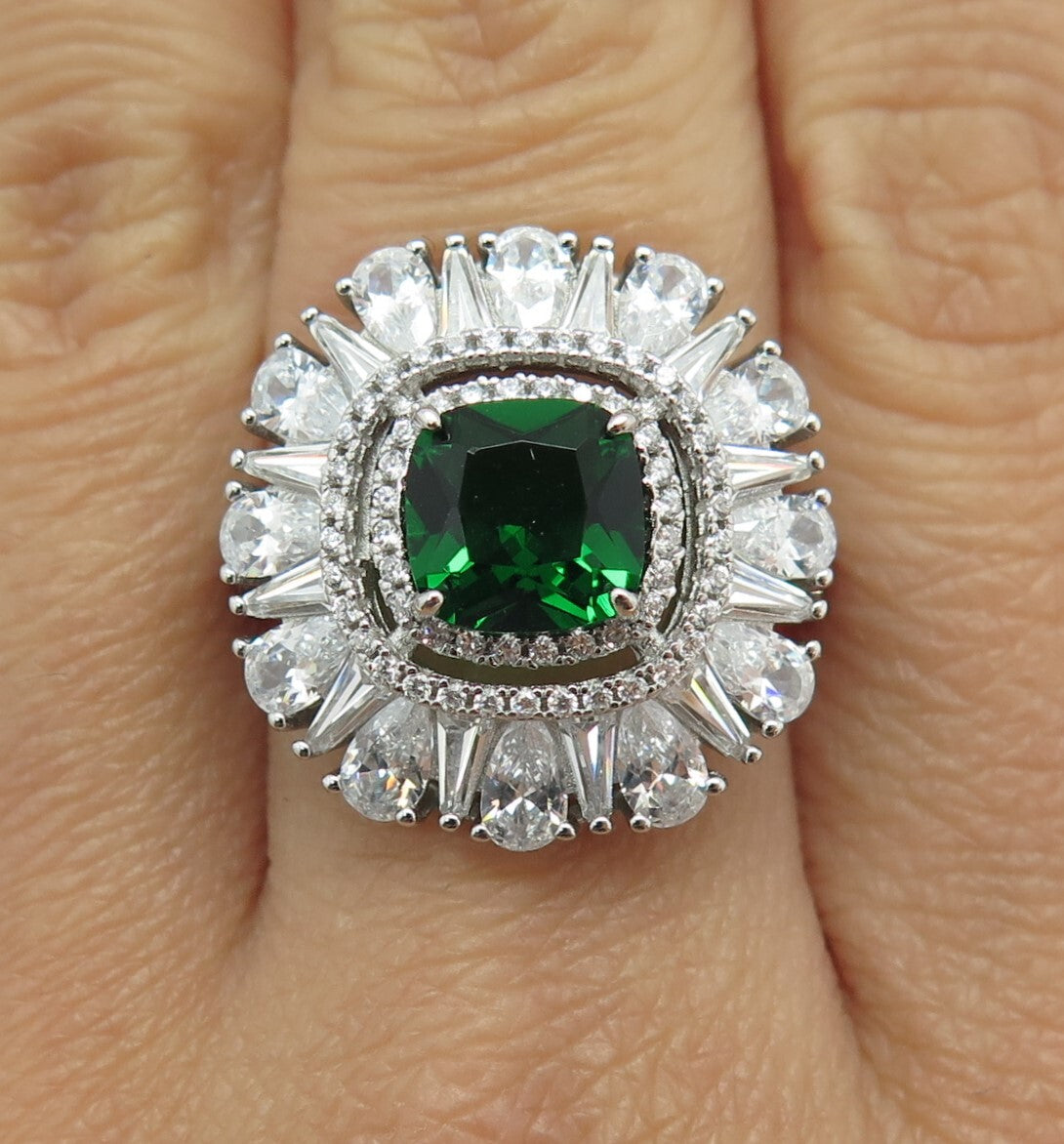 DSMK 925 Sterling Silver Cushion-Cut Nano Emerald & C Z Ring Size 7.25