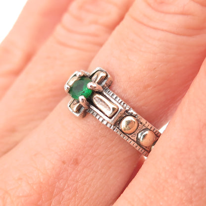 925 Sterling Silver 10K Gold Vintage Real Emerald Cross Oxidized Ring Size 7