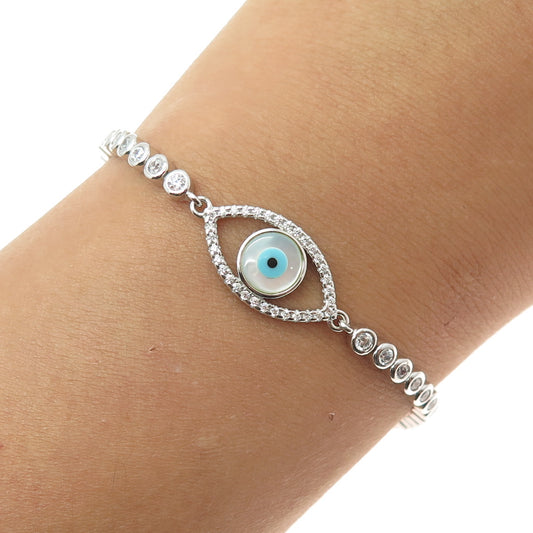 925 Sterling Silver Enamel MOP & C Z Evil's Eye Adjustable Bolo Bracelet 7-9.25"