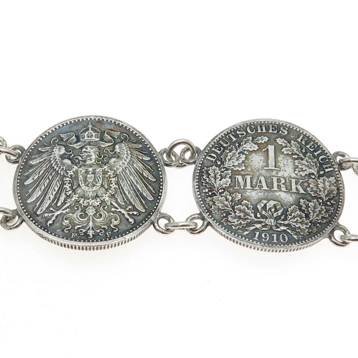 900 Silver Antique 1910 Germany "1 Mark - Wilhelm II" Coin Link Bracelet 6"