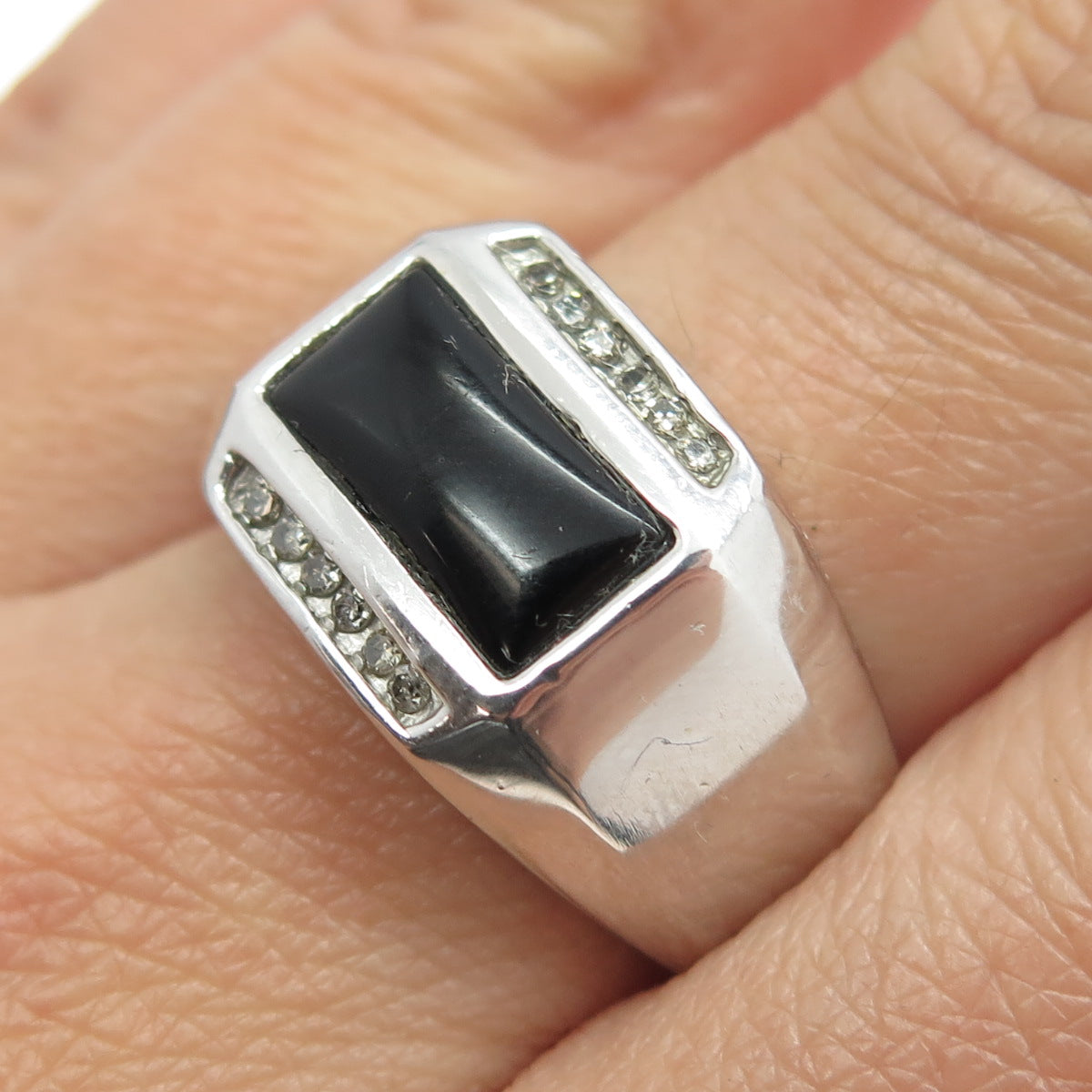 SAI 925 Sterling Silver Real 1/8 TW Round-Cut Diamond & Black Onyx Ring Size 8.5