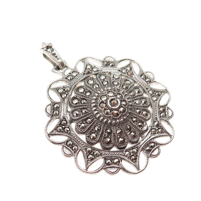 KD Kimler & Daniel 925 Sterling Antique Art Deco Real Marcasite Floral Pendant
