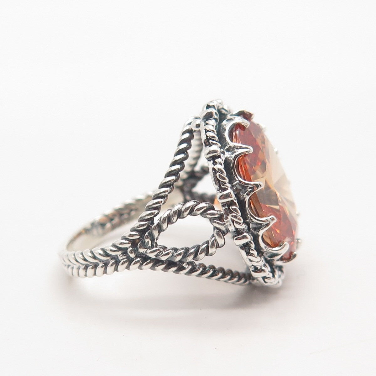 925 Sterling Silver Vintage Champagne C Z Twisted Ring Size 6.75
