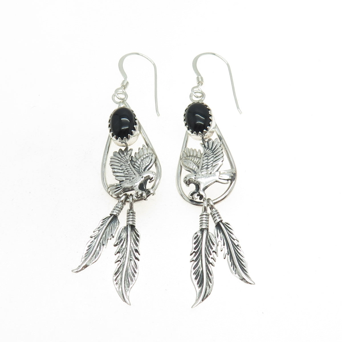 Old Pawn 925 Sterling Silver Vintage Black Onyx Snake Eye Eagle Feather Earrings