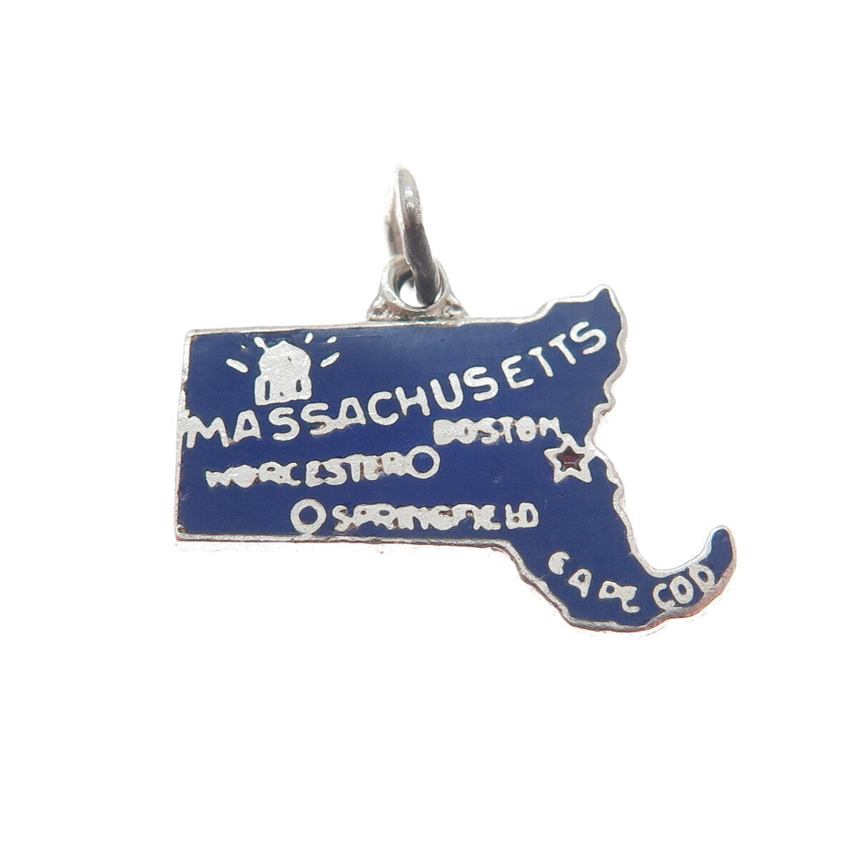 925 Sterling Silver Vintage Enamel "Massachusetts" State Map Charm Pendant