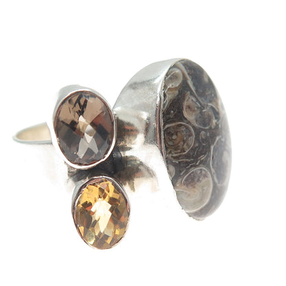 ARYA 925 Sterling Silver Vintage Real Fossil Smoky Quartz & Citrine Ring Size 10