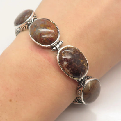 925 Sterling Silver Vintage Real Crazy Lace Agate Gem Tennis Link Bracelet 7.25"