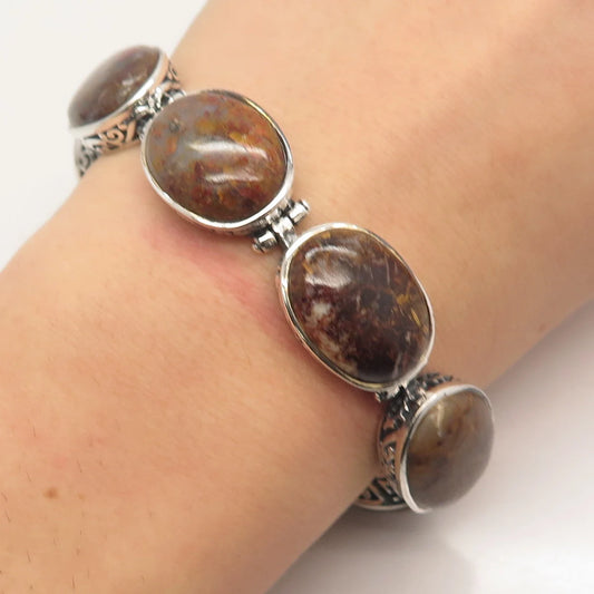 925 Sterling Silver Vintage Real Crazy Lace Agate Gem Tennis Link Bracelet 7.25"