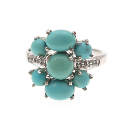 925 Sterling Silver Real Turquoise & White Topaz Floral Ring Size 8
