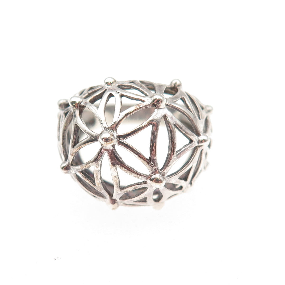 925 Sterling Silver Vintage Modernist Flower Dome Oxidized Ring Size 6.75