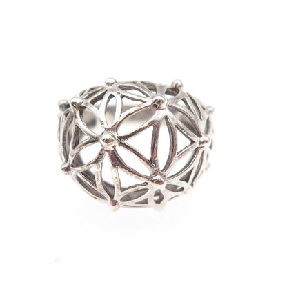 925 Sterling Silver Vintage Modernist Flower Dome Oxidized Ring Size 6.75