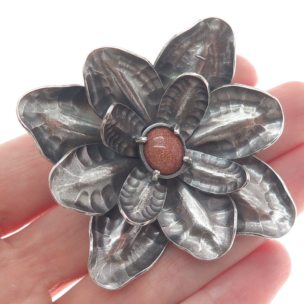 HECTOR SALGADO 950 Silver Vintage Mexico Sunstone Flower Oxidized Slide Pendant
