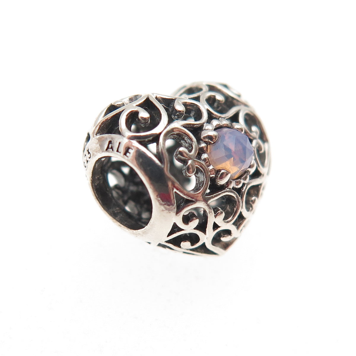 PANDORA Sterling Silver Real Opalite October Signature Heart Slide Bead Charm