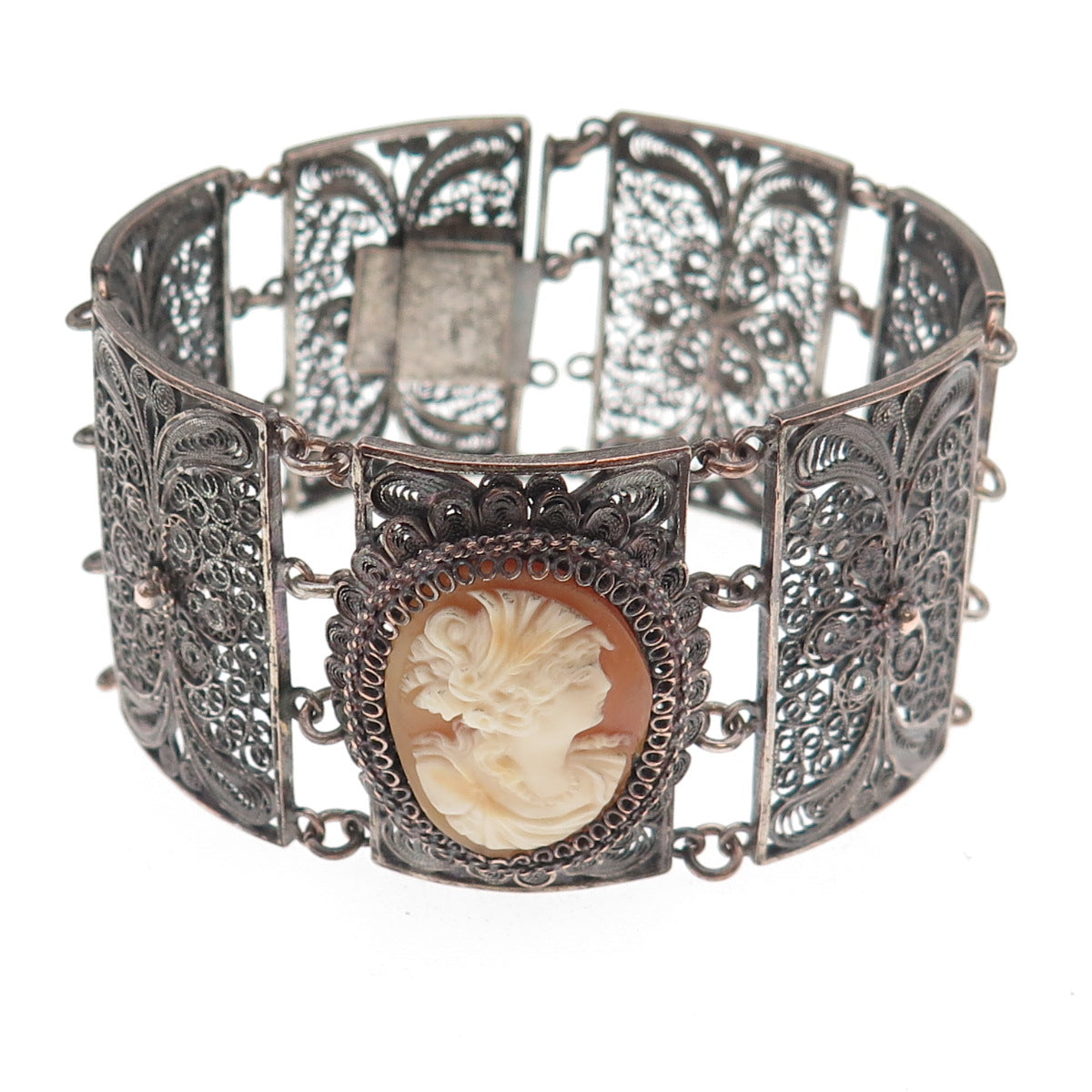 Silver-Tone Antique Art Deco Real MOP Cameo Filigree Panel Link Bracelet 8"