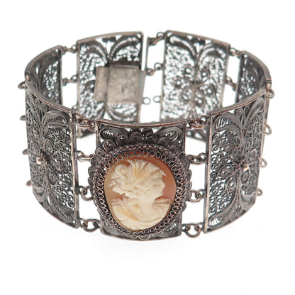 Silver-Tone Antique Art Deco Real MOP Cameo Filigree Panel Link Bracelet 8"