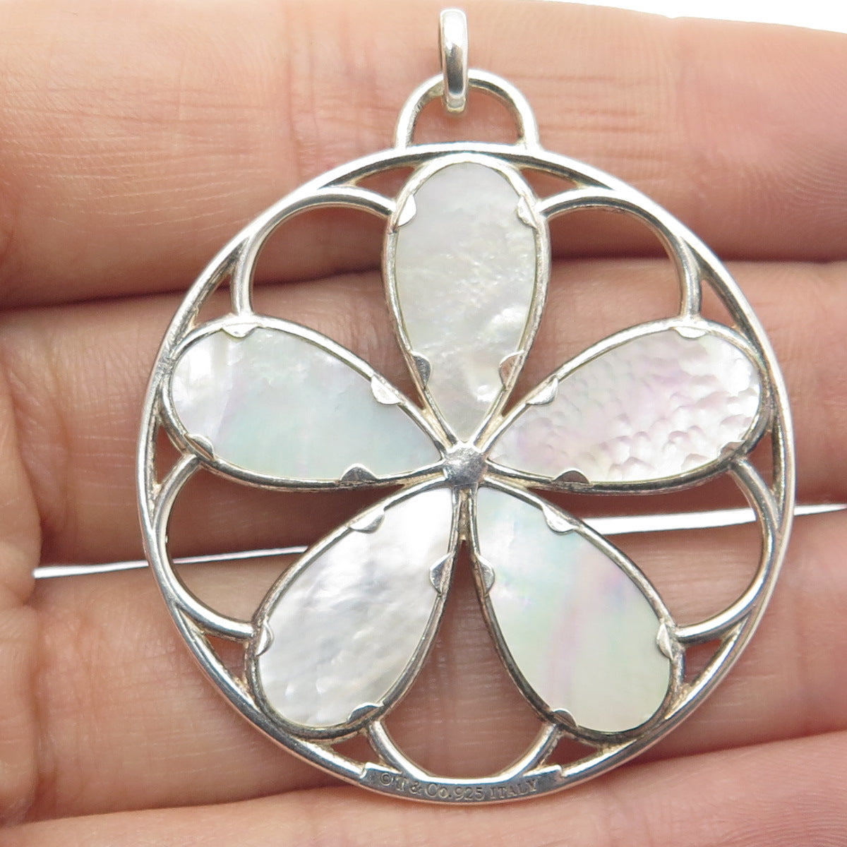 TIFFANY & CO. 925 Sterling Silver Vintage Italy MOP Floral Pendant