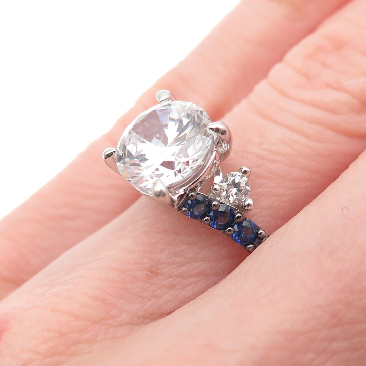 KEY STAR 925 Sterling Silver Real Sapphire & C Z Engagement Ring Size 6