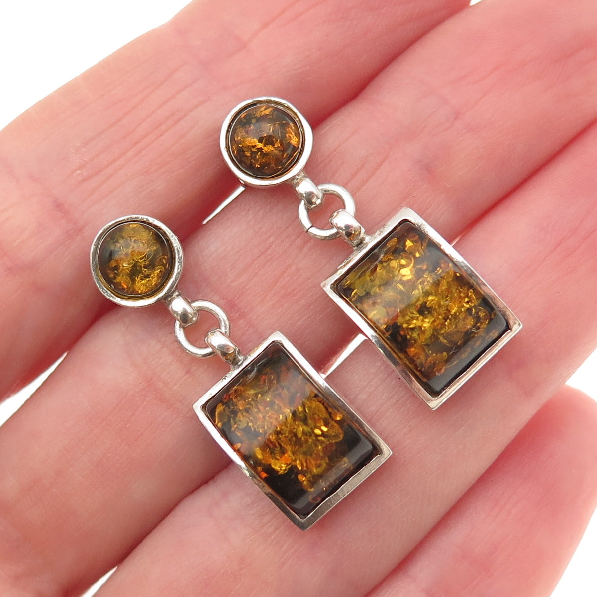 925 Sterling Silver Vintage Real Amber Modernist Dangle Earrings