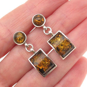 925 Sterling Silver Vintage Real Amber Modernist Dangle Earrings