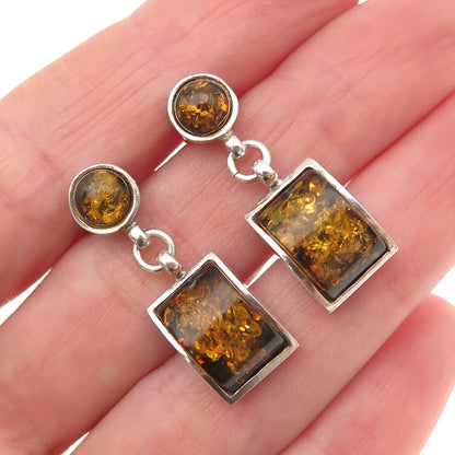 925 Sterling Silver Vintage Real Amber Modernist Dangle Earrings